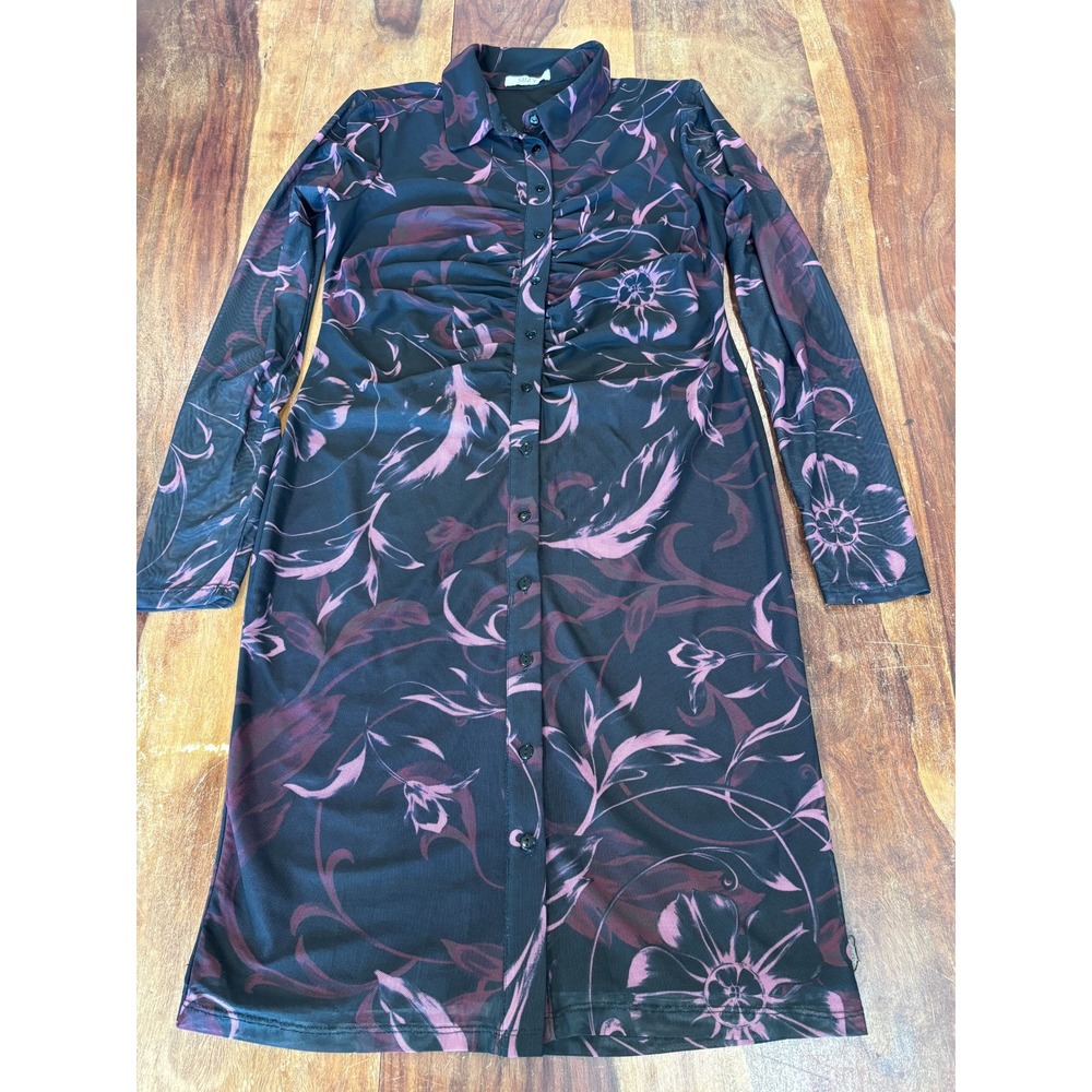 SUZY SHEIR shirt dress women medium black pink floral ruched mesh long sleeve